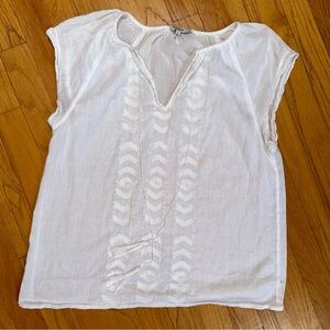 Madewell Cream Geometric Embroidered Short Sleeve Blouse‎ With Tie Tassels Small